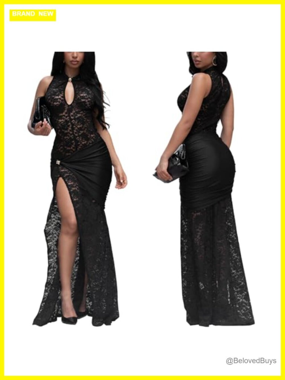 Sheer Lace Maxi Dress Spaghetti Strap High Slit Bodycon Party